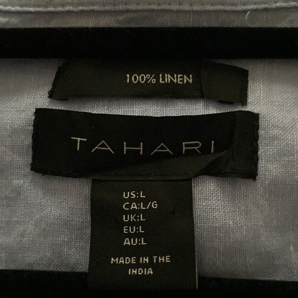 Tahari Blue 100% Linen V-neck Top Shell Button Detail 3/4 Sleeves EUC Size L - Picture 6 of 6